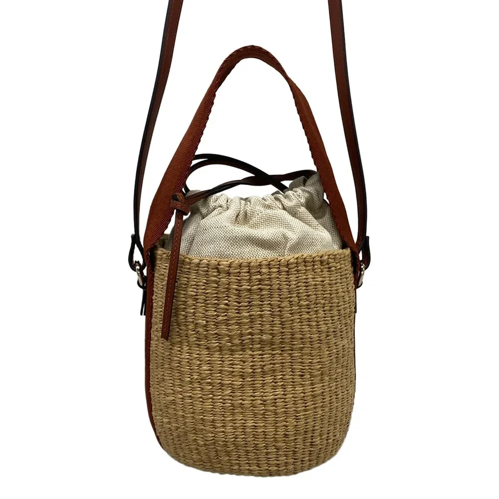 Chloé Basket Shoulder Bag CHC25SS529O8227S Beige Dark Brown Straw Leather